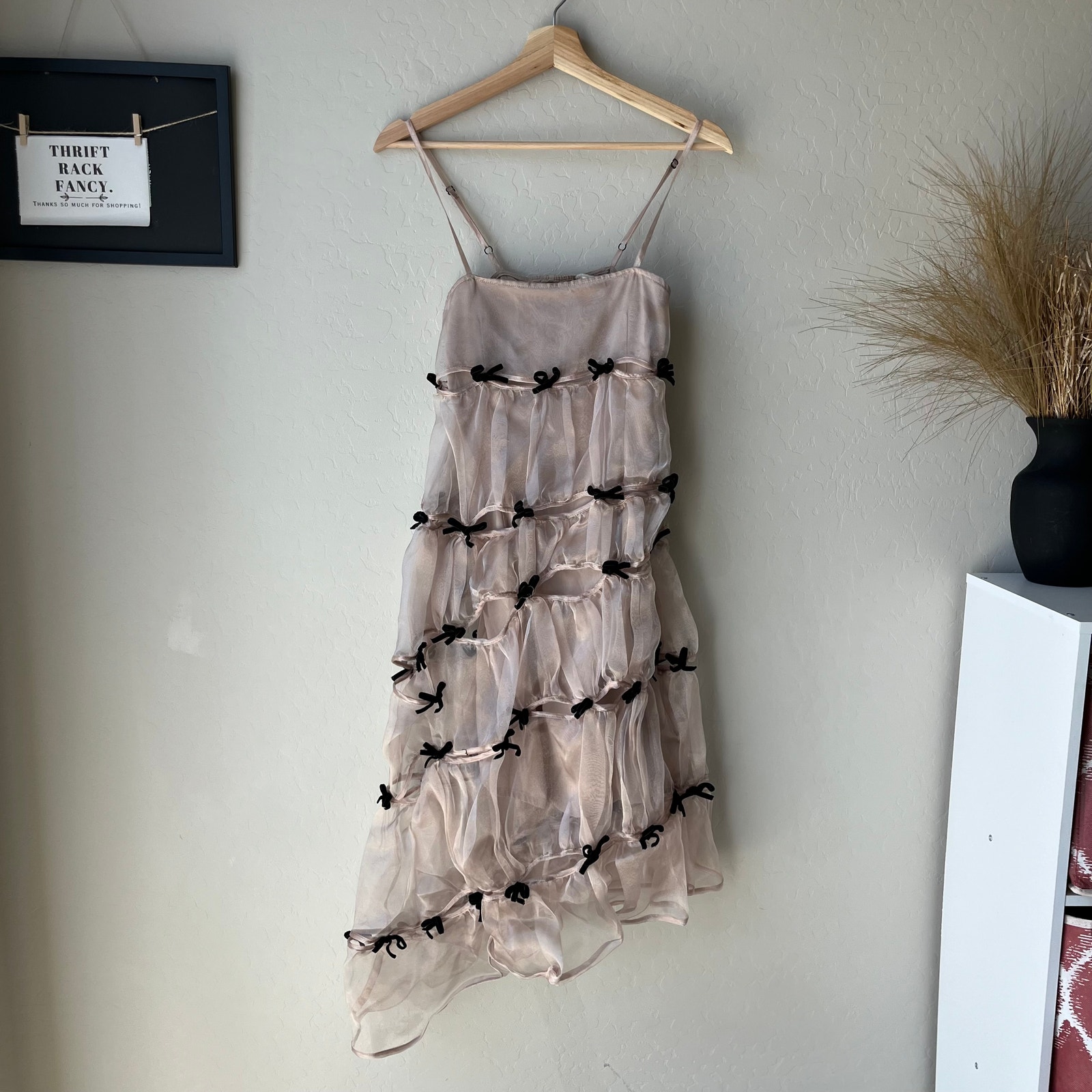 Marchen Dress Bow Embellished Asymmetric Organza Midi Dress Beige Black S — image 2 of 8